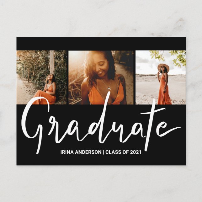 Modern Elegant Typography Photo | Graduate Black  Invitation Postcard (Front)