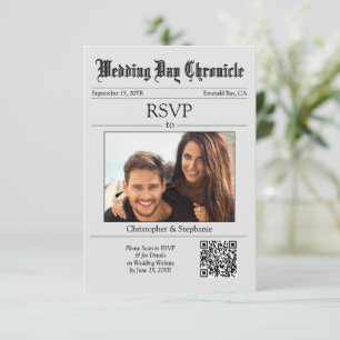 Modern Elegant Typography QR Code Grey Newspaper RSVP Card