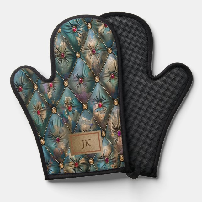 Modern Elegant Vintage Leather Colourful Diamonds Oven Mitt (Front/Back)