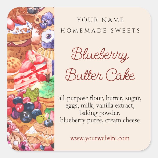 Modern Elegant Watercolor Baked Goods Ingredients Square Sticker (Front)