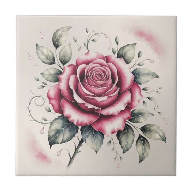 Modern elegant watercolor beautiful pink rose tile (Front)