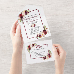 Modern Elegant Watercolor Burgundy Floral Wedding All In One Invitation
