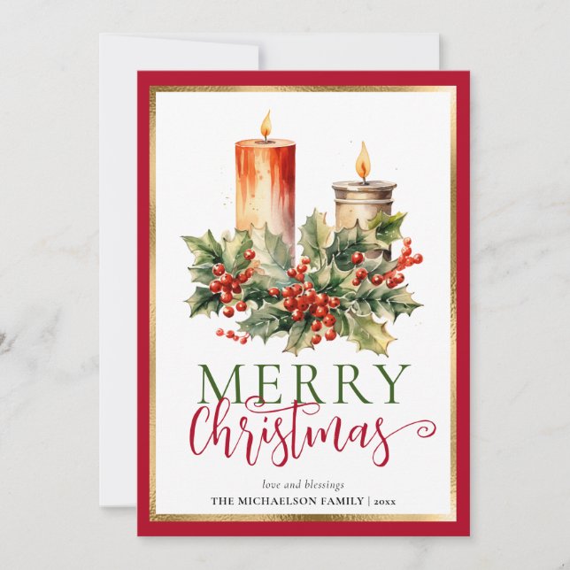 Modern Elegant Watercolor Candle Merry Christmas Holiday Card (Front)
