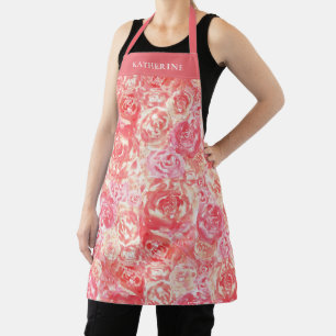 Modern Elegant Watercolor Coral Pink Roses Apron