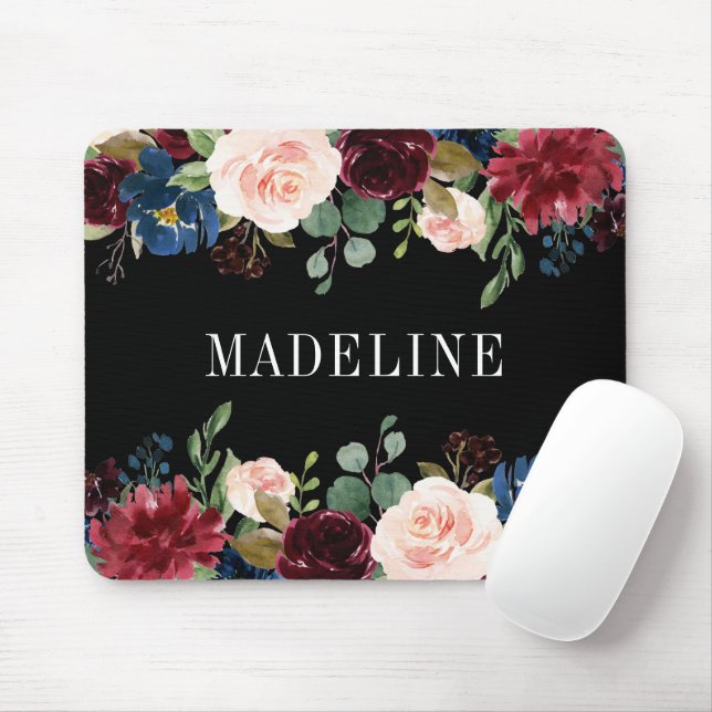 Modern Elegant Watercolor Floral Fashionable Black Mouse Pad (With Mouse)