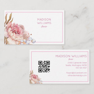Modern Elegant Watercolor Floral Florist QR Code Business Card