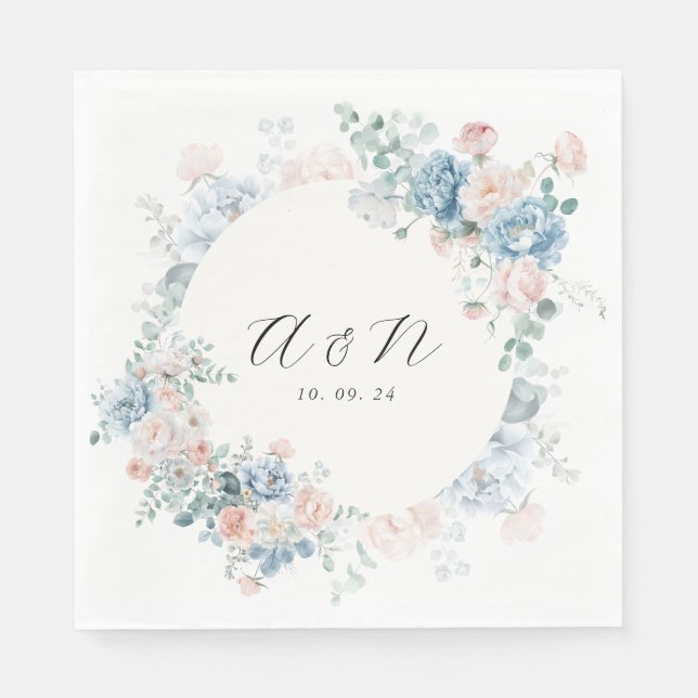 Modern Elegant Watercolor Floral Monogram Wedding Napkin (Front)