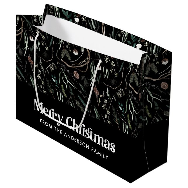  Modern elegant watercolor foliage black Christmas Large Gift Bag (Front Angled)