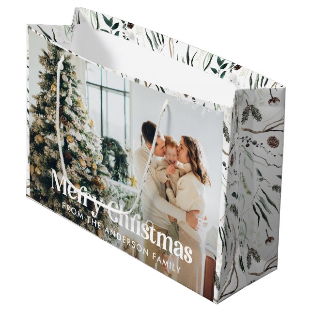  Modern elegant watercolor foliage photo Christmas Large Gift Bag (Front Angled)