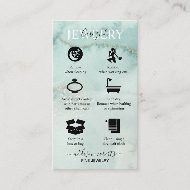Modern Elegant Watercolor Green  Jewellery Care Bu Business Card (Front)