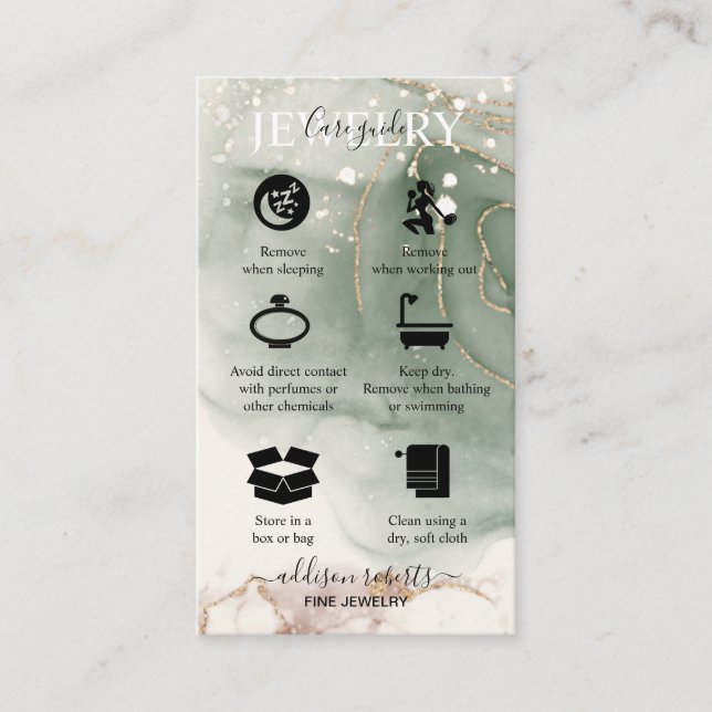 Modern Elegant Watercolor Green  Jewellery Care Business Card (Front)