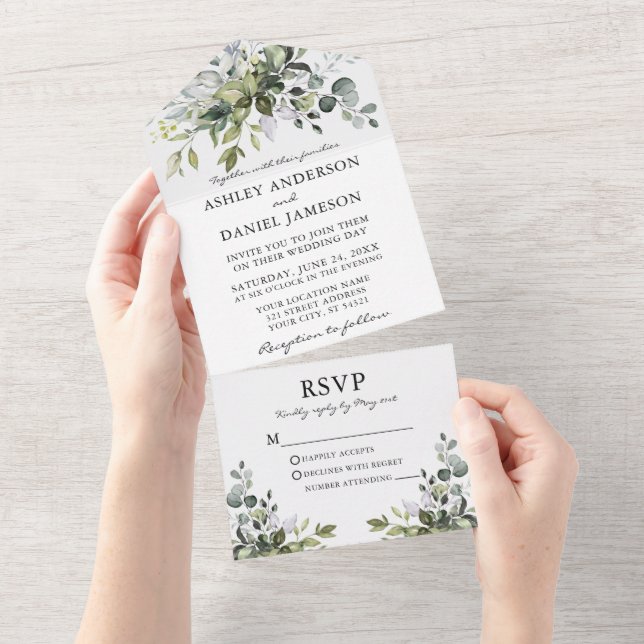 Modern Elegant Watercolor Greenery Wedding All In One Invitation (Tearaway)