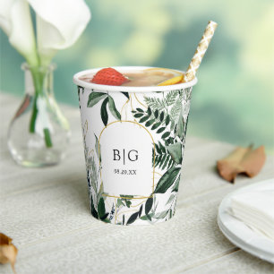 Modern elegant watercolor greenery wedding paper cups