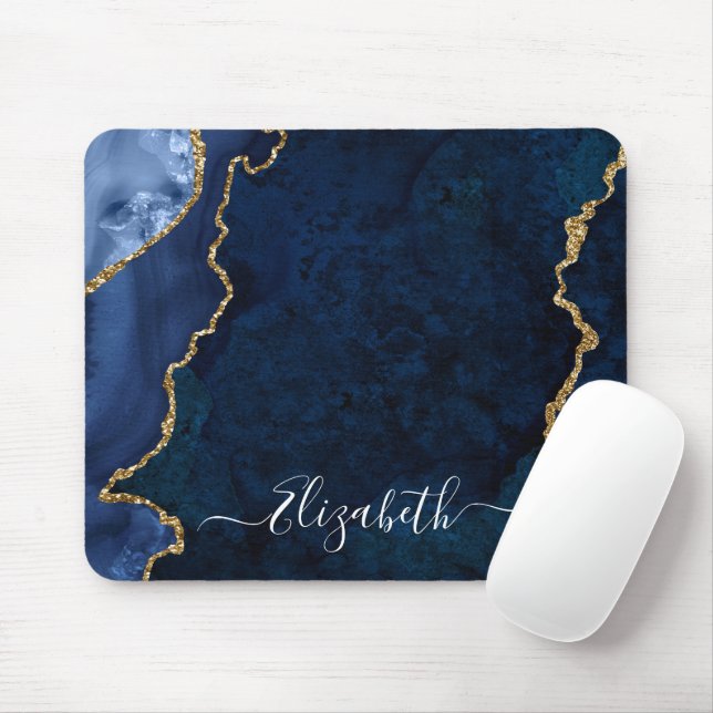 Modern Elegant Watercolor Marble Blue Geode Gold Mouse Pad (With Mouse)