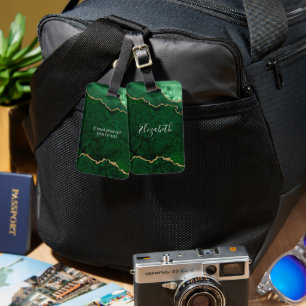 Modern Elegant Watercolor Marble Geode Green Gold Luggage Tag
