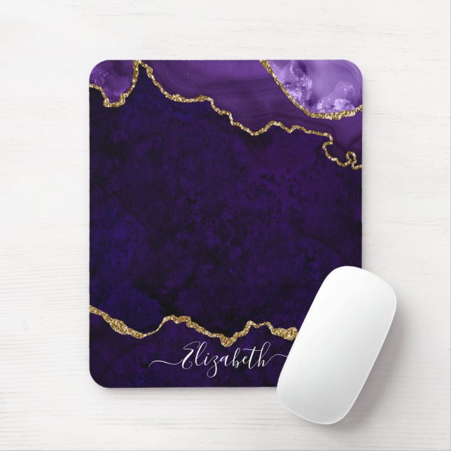 Modern Elegant Watercolor Marble Geode Purple Gold Mouse Pad (With Mouse)