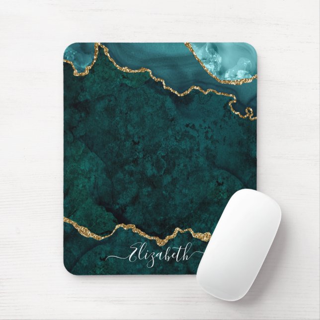 Modern Elegant Watercolor Marble Geode Teal Gold Mouse Pad (With Mouse)