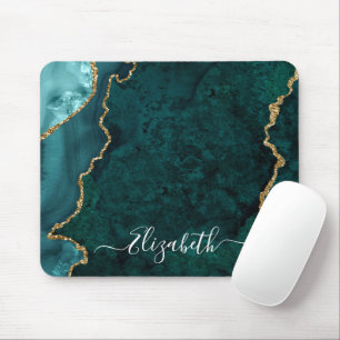 Modern Elegant Watercolor Marble Teal Geode Gold Mouse Pad