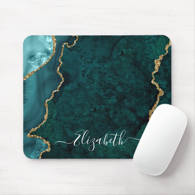 Modern Elegant Watercolor Marble Teal Geode Gold Mouse Pad (With Mouse)