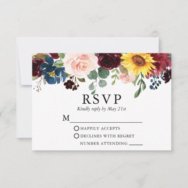Modern Elegant Watercolor Mixed Floral Wedding RSVP Card (Front)