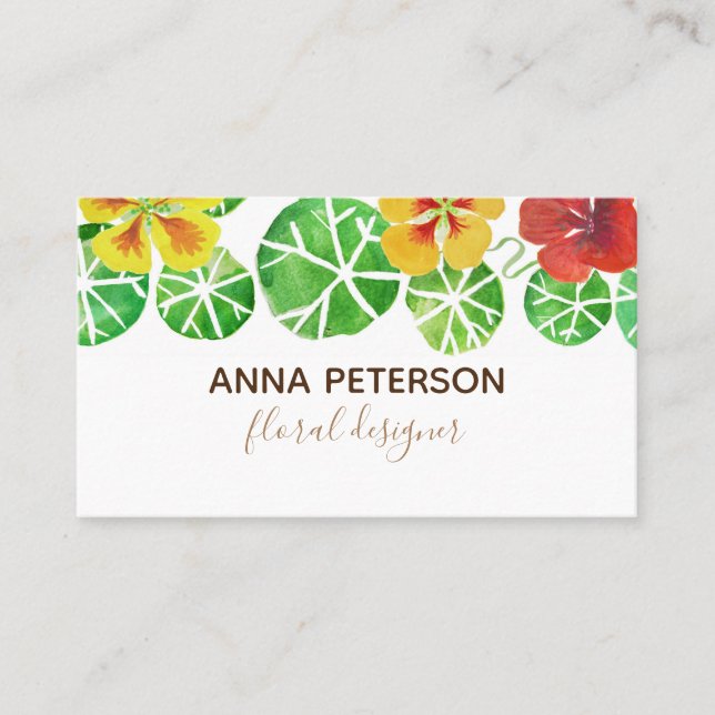 Modern Elegant Watercolor Nasturtium Flowers  Business Card (Front)