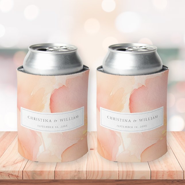 Modern Elegant Watercolor Peach Floral Wedding Can Cooler (Creator Uploaded)