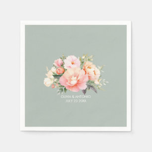 Modern Elegant Watercolor Peony Sage Green Wedding Napkin