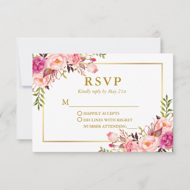 Modern Elegant Watercolor Pink Floral Wedding RSVP Card (Front)
