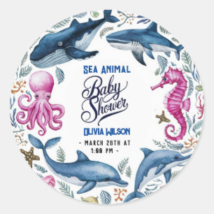 Modern elegant watercolor Sea animal baby shower6 Classic Round Sticker