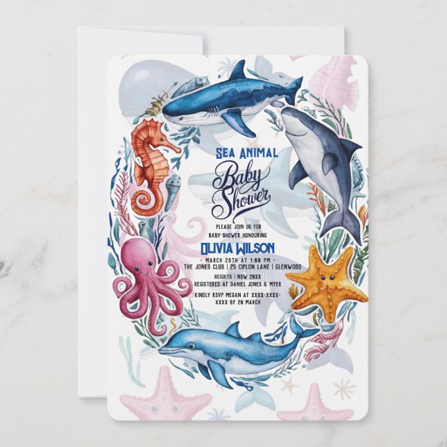 Modern elegant  watercolor Sea animal baby shower Invitation (Front)