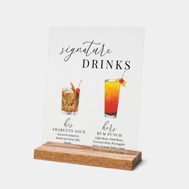 Modern Elegant Watercolor Signature Drinks Acrylic Sign (Angle)