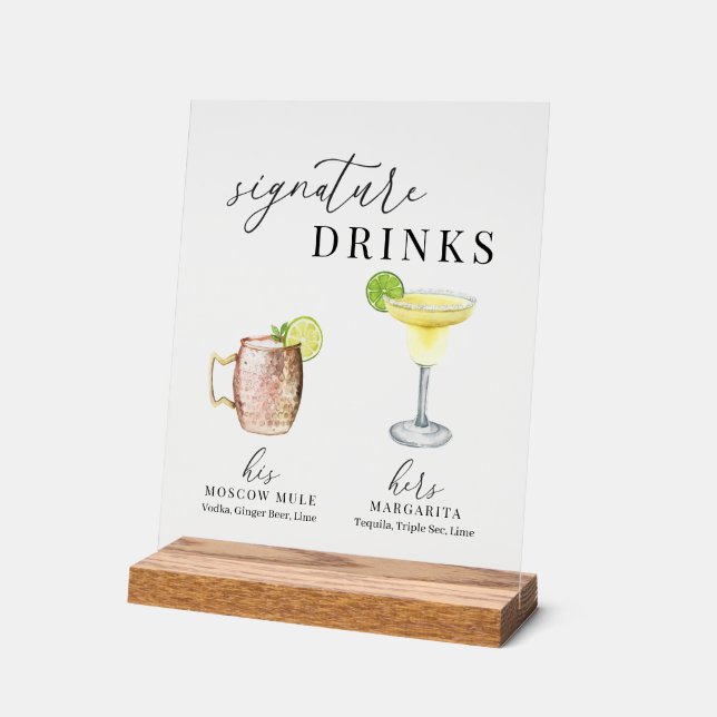 Modern Elegant Watercolor Signature Drinks Acrylic Sign (Angle)