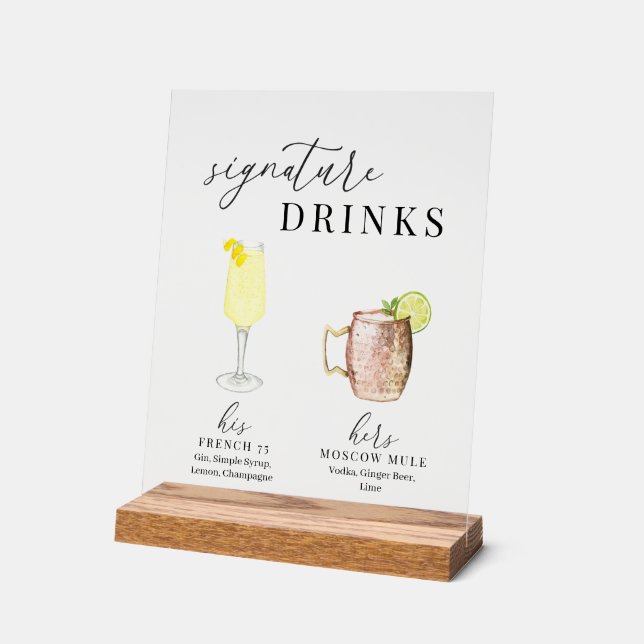 Modern Elegant Watercolor Signature Drinks Acrylic Sign (Angle)
