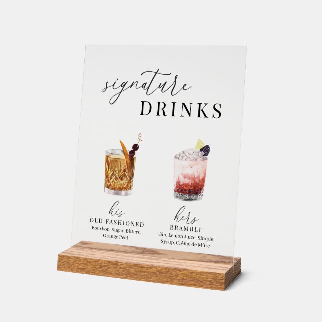 Modern Elegant Watercolor Signature Drinks Acrylic Sign (Angle)