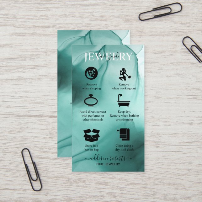 Modern Elegant Watercolor Teal Jewellery Care Busi Business Card (Front/Back In Situ)