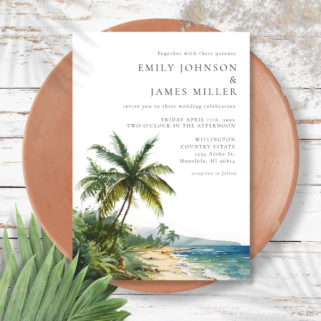 Modern Elegant Watercolor Tropical Beach Wedding Invitation (Modern Elegant Watercolor Tropical Beach Wedding Invitation)