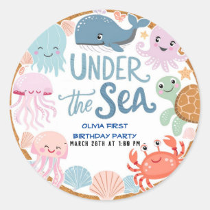Modern elegant  watercolor under the Sea birthday4 Classic Round Sticker