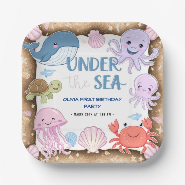 Modern elegant  watercolor under  the Sea birthday Paper Plate (Front)