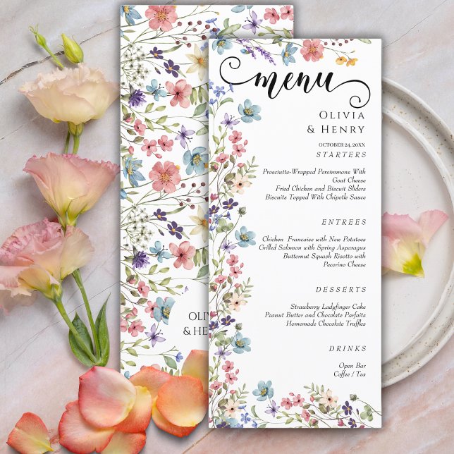 Modern Elegant Watercolor  Wildflowers Wedding  Menu (Creator Uploaded)