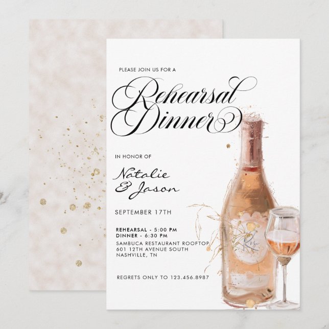 Modern Elegant Watercolor Wine Rehearsal Dinner In Invitation (Front/Back)