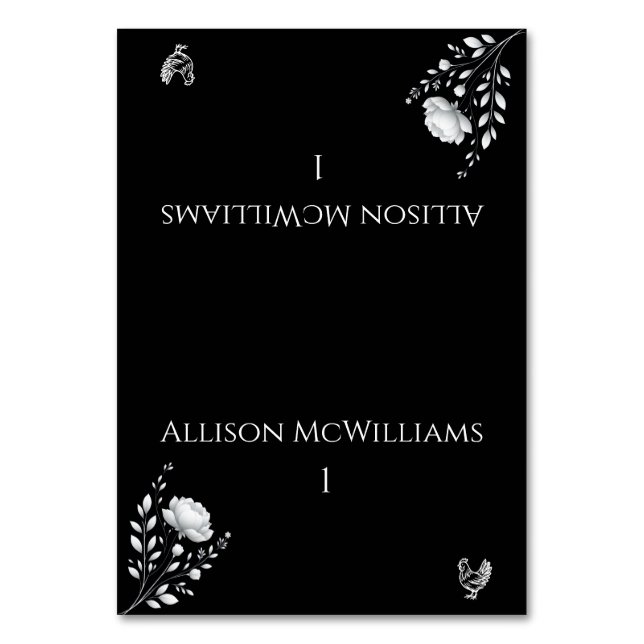 Modern Elegant Wedding Black and White Poultry Table Number (Front)