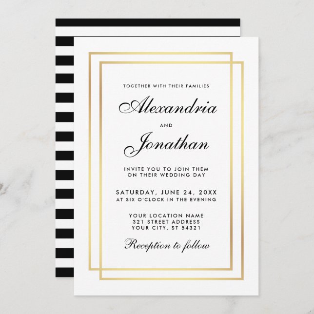 Modern Elegant Wedding Black White Striped Invite (Front/Back)
