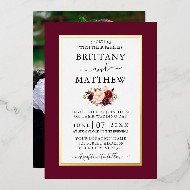Modern Elegant Wedding Burgundy Floral Photo Gold (Front/Back)