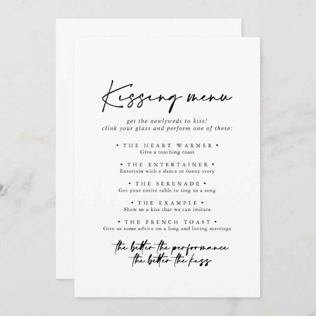 Modern Elegant Wedding Kissing Menu Game Card (Front/Back)