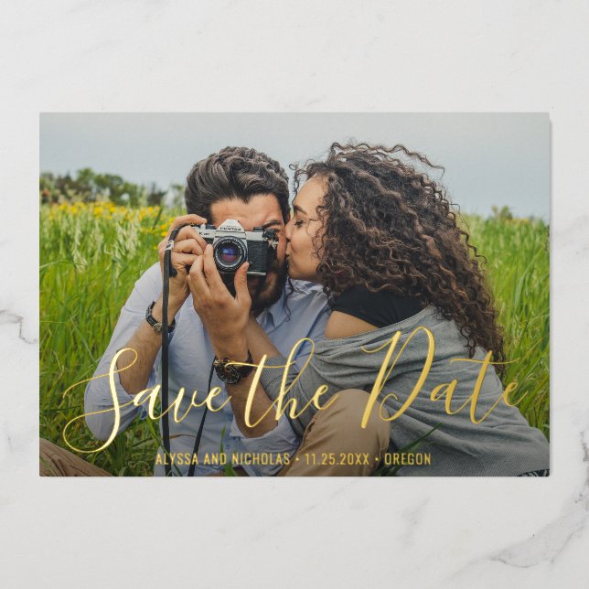 Modern Elegant Wedding Photo Save The Date Gold (Front)
