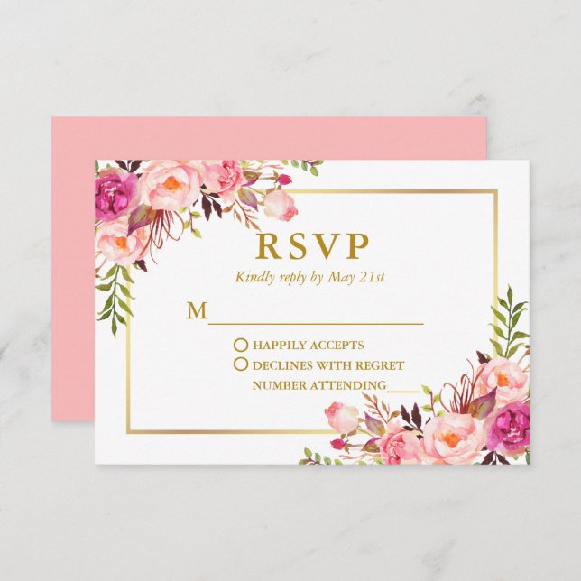 Modern Elegant Wedding Watercolor Pink Floral RSVP Card (Front/Back)
