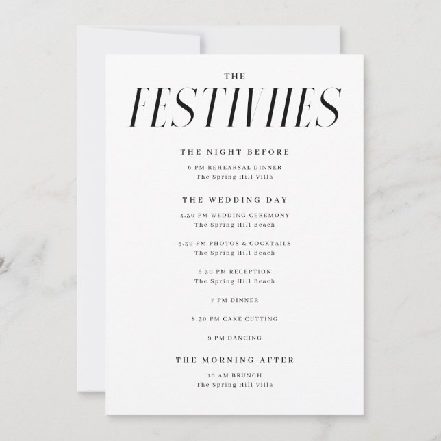 Modern Elegant Wedding Weekend Timeline + Details Invitation (Back)