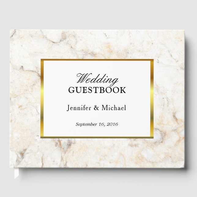 Modern elegant white and gold marble Wedding Guest Book (Front)