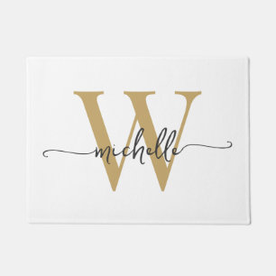 Modern Elegant White and Gold Monogram Name Script Doormat