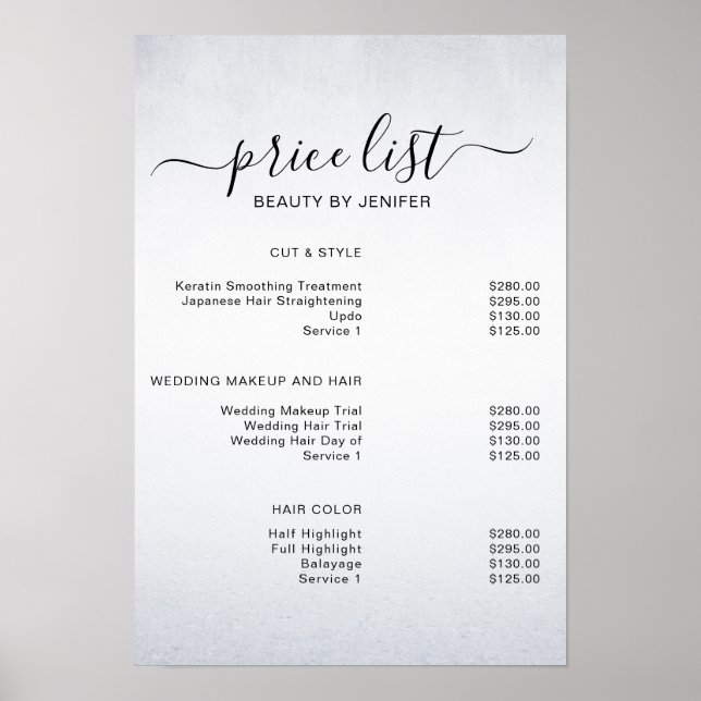 Modern Elegant White Beauty salon price list Poster (Front)